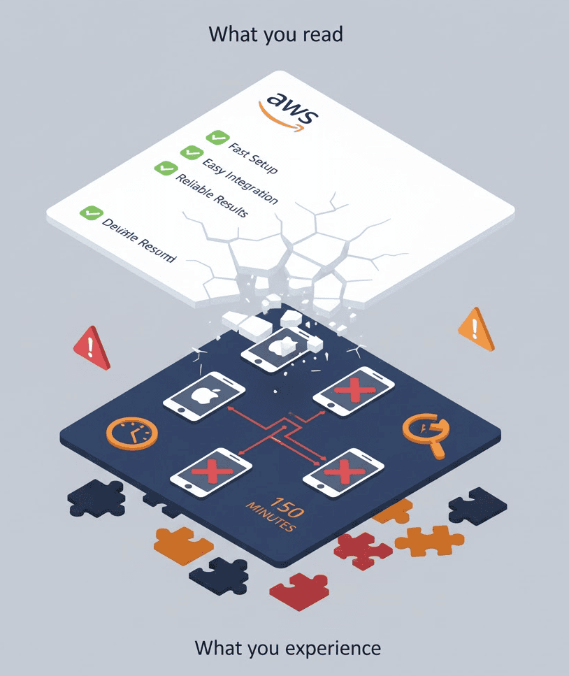 AWS Device Farm documentation gaps showing hidden limitations like data persistence, 150-minute timeout, and iOS entitlement restrictions