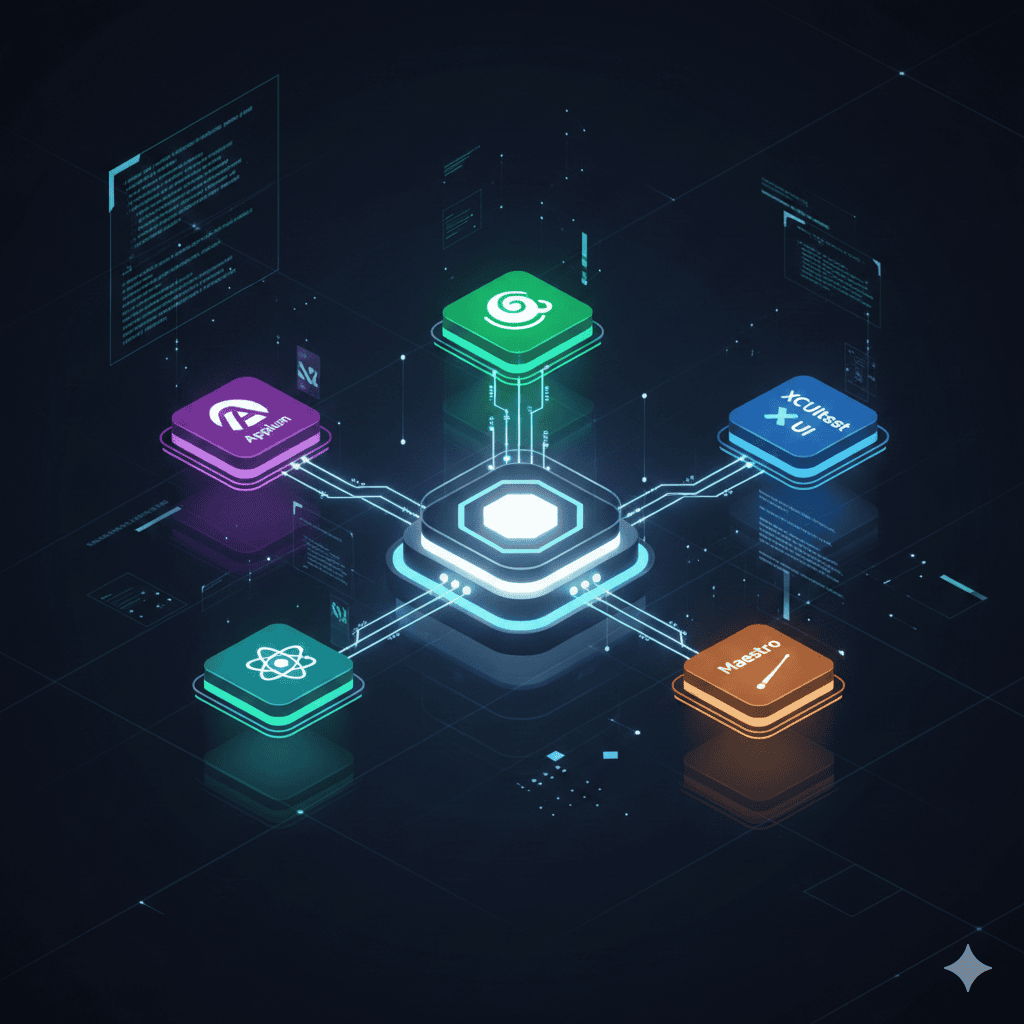Mobile testing frameworks comparison showing Appium, Espresso, XCUITest, Maestro, and Detox