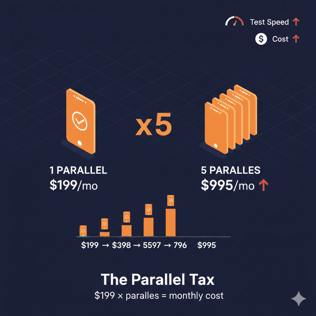 BrowserStack App Automate pricing showing $199/parallel costs multiplying as teams scale mobile test automation