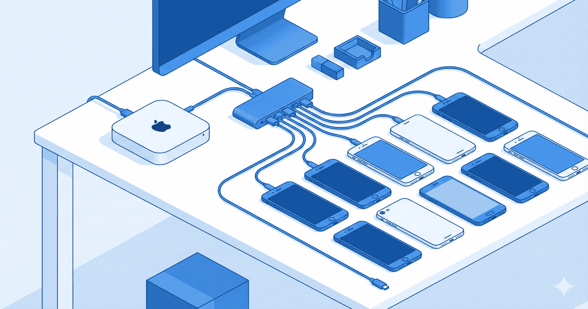 DeviceLab certified hardware setup showing Mac Mini with USB hub and connected test devices