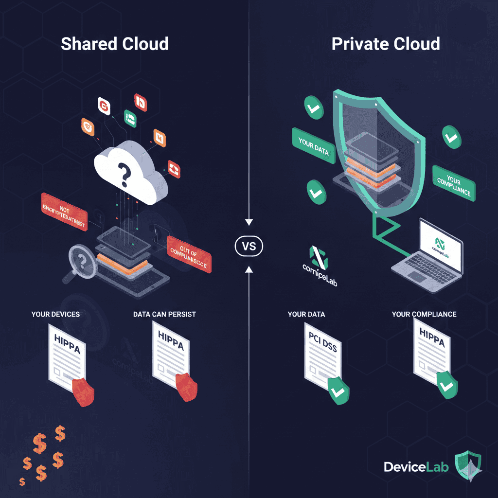 Security comparison between cloud device labs with compliance risks versus private device clouds with full control