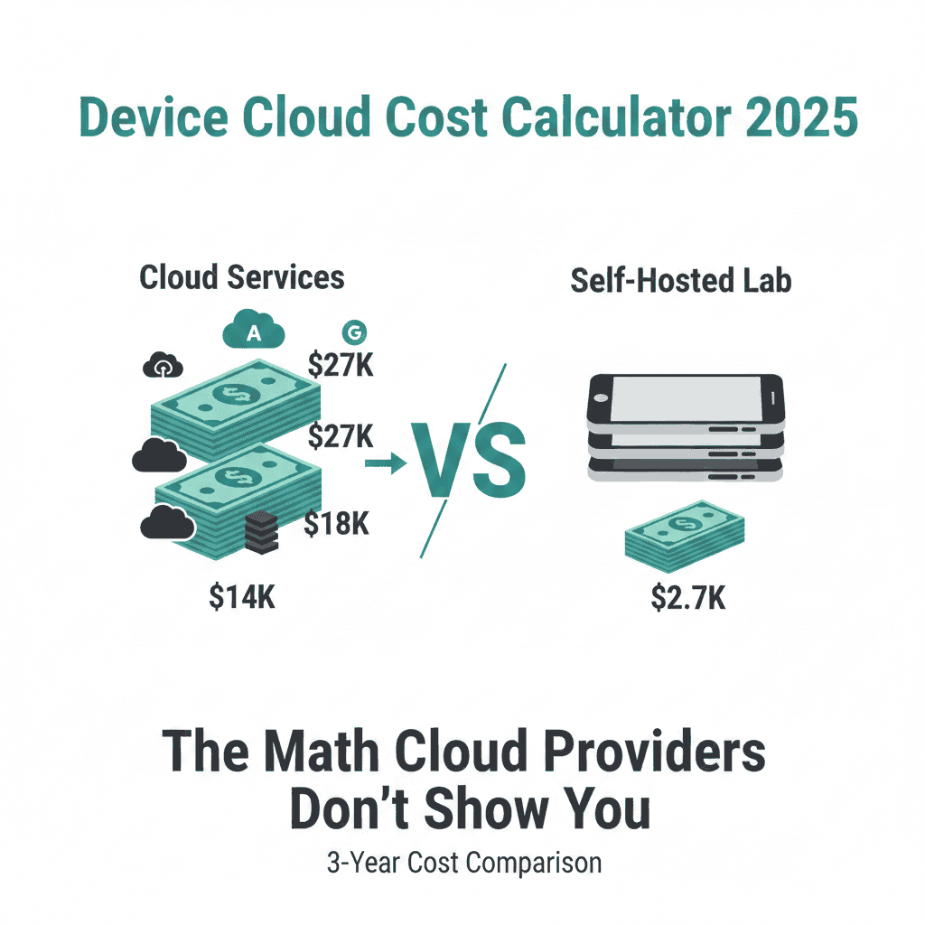 Device cloud cost calculator comparing BrowserStack, LambdaTest, Sauce Labs, AWS Device Farm, and self-hosted device lab pricing over 3 years