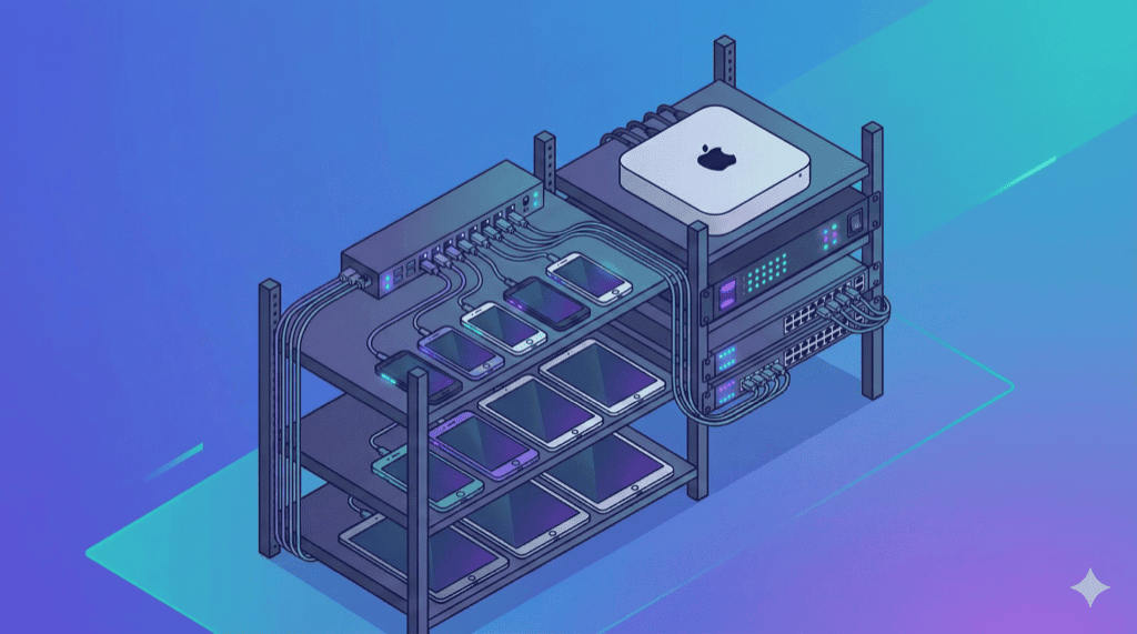 Device lab hardware components including USB hub, cables, and rack mount