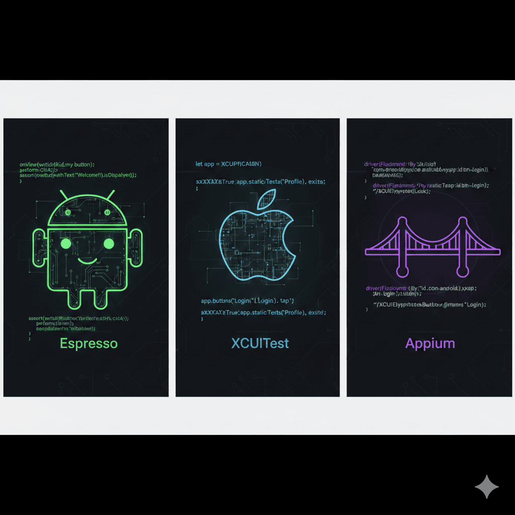 Comparison chart showing Espresso, XCUITest, and Appium frameworks side by side