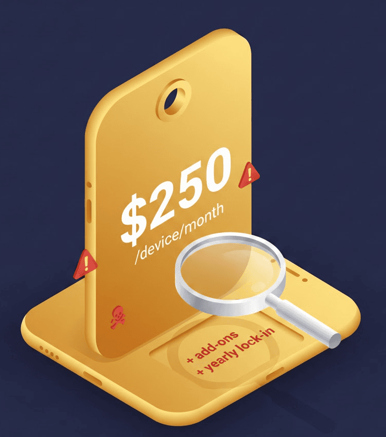 HeadSpin pricing breakdown showing $250 per device per month with hidden add-on costs and yearly lock-in requirements