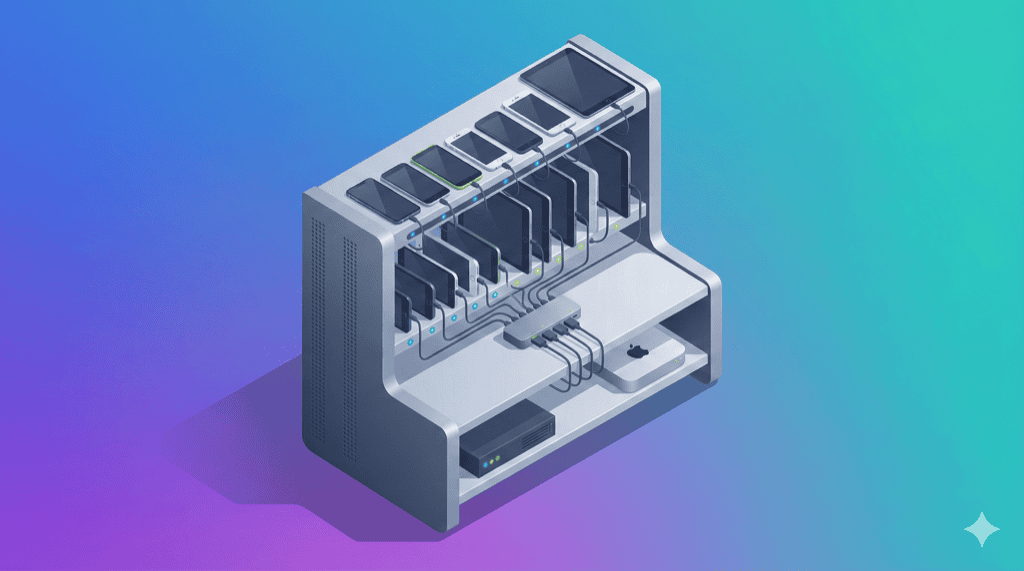 Mobile device lab setup with devices in rack and USB hub connections