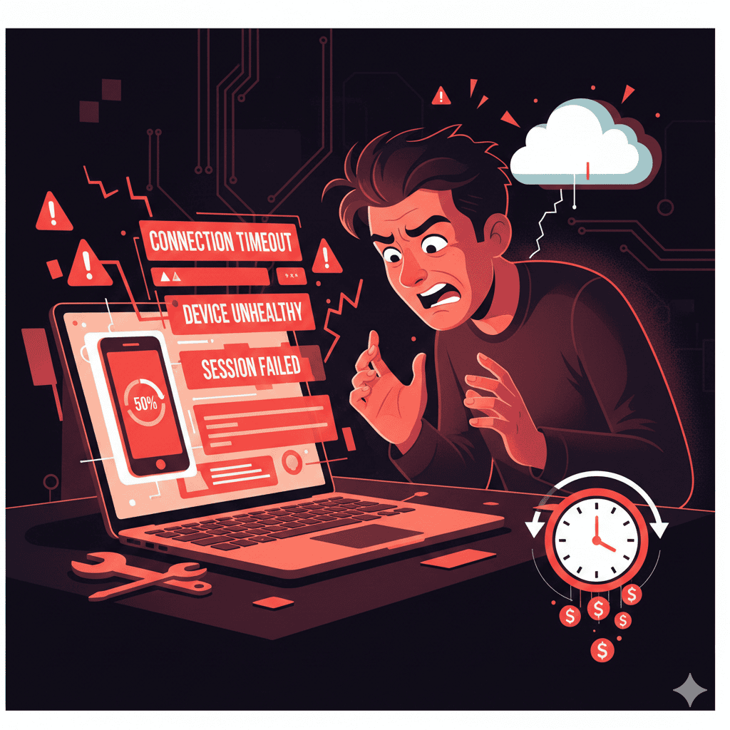 Kobiton troubleshooting guide showing common errors and solutions