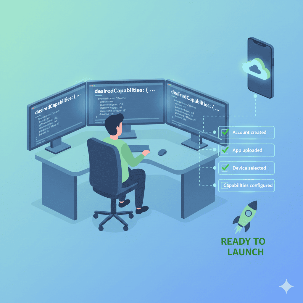 Kobiton setup guide showing configuration steps and Appium code examples