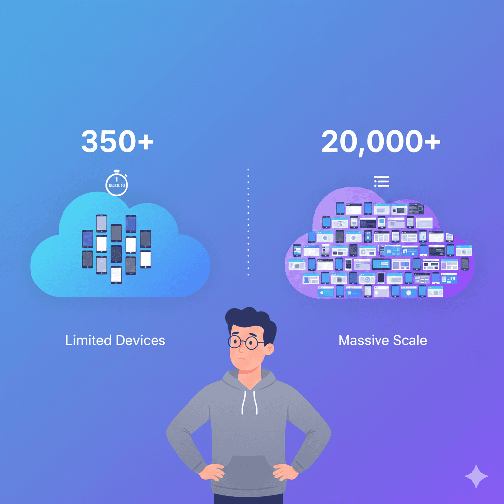Kobiton vs BrowserStack comparison chart showing device coverage, pricing, and feature differences