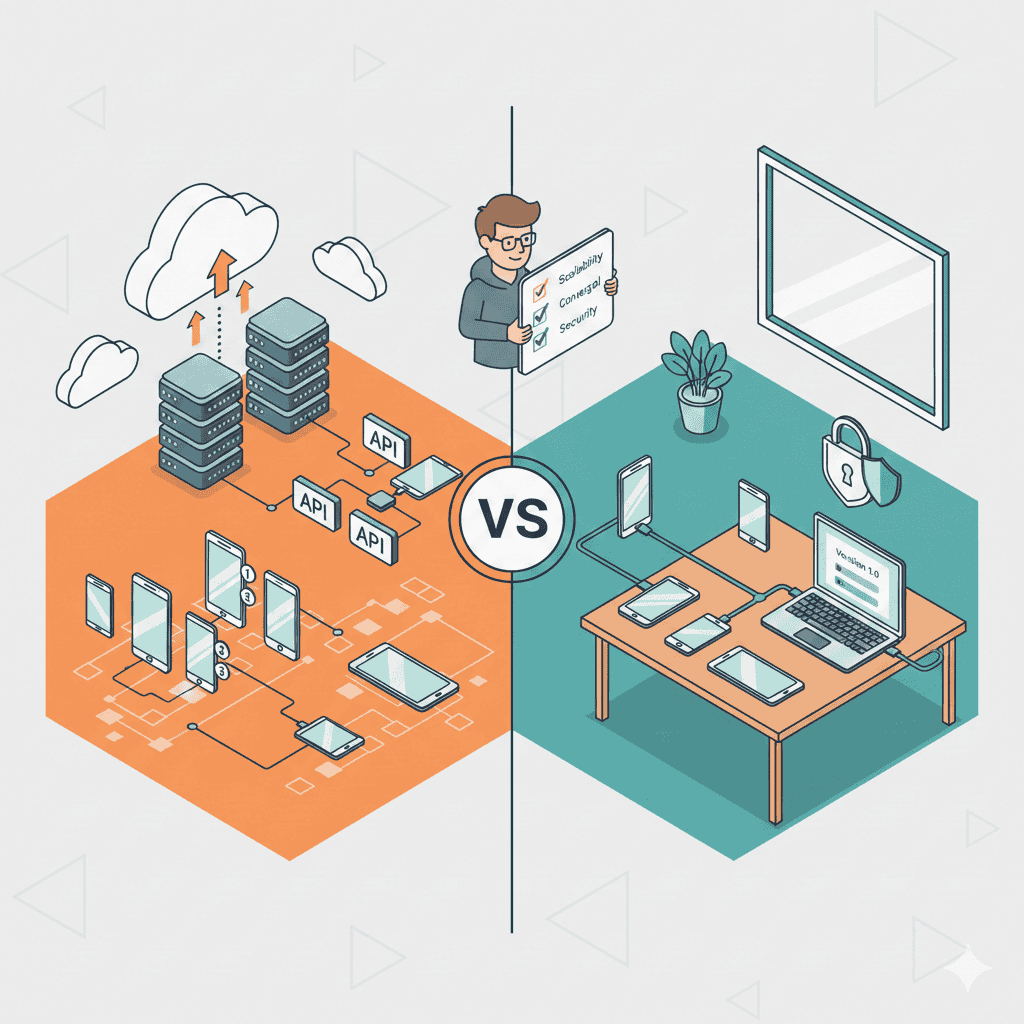 Comparison of Maestro testing on BrowserStack cloud versus own devices showing cost, control, and privacy trade-offs