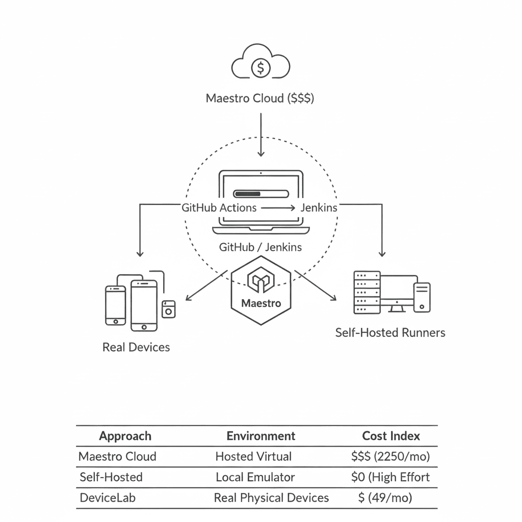 Maestro CI/CD setup diagram: GitHub Actions workflow with Maestro Cloud and Jenkins pipeline configuration