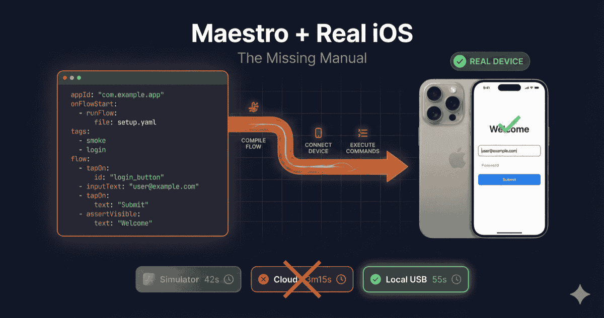 Diagram showing Maestro YAML flow executing on real iPhone device with XCTest driver