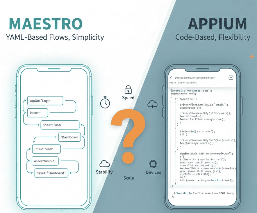 Maestro vs Appium 2025 comparison: YAML-based testing with Maestro versus code-based Appium tests, iOS device support, and cloud pricing differences