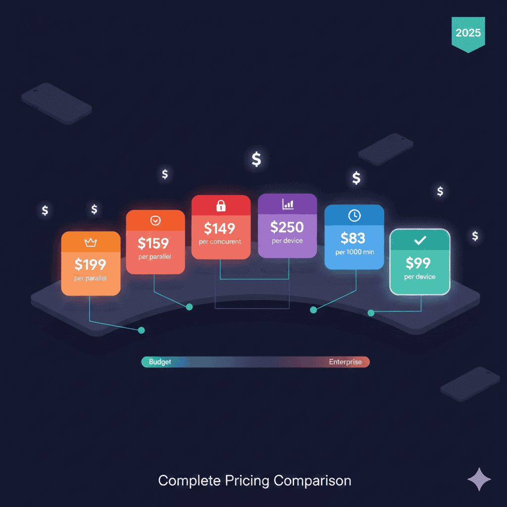 Mobile device cloud pricing comparison 2025 showing BrowserStack, LambdaTest, Sauce Labs, HeadSpin, Kobiton costs