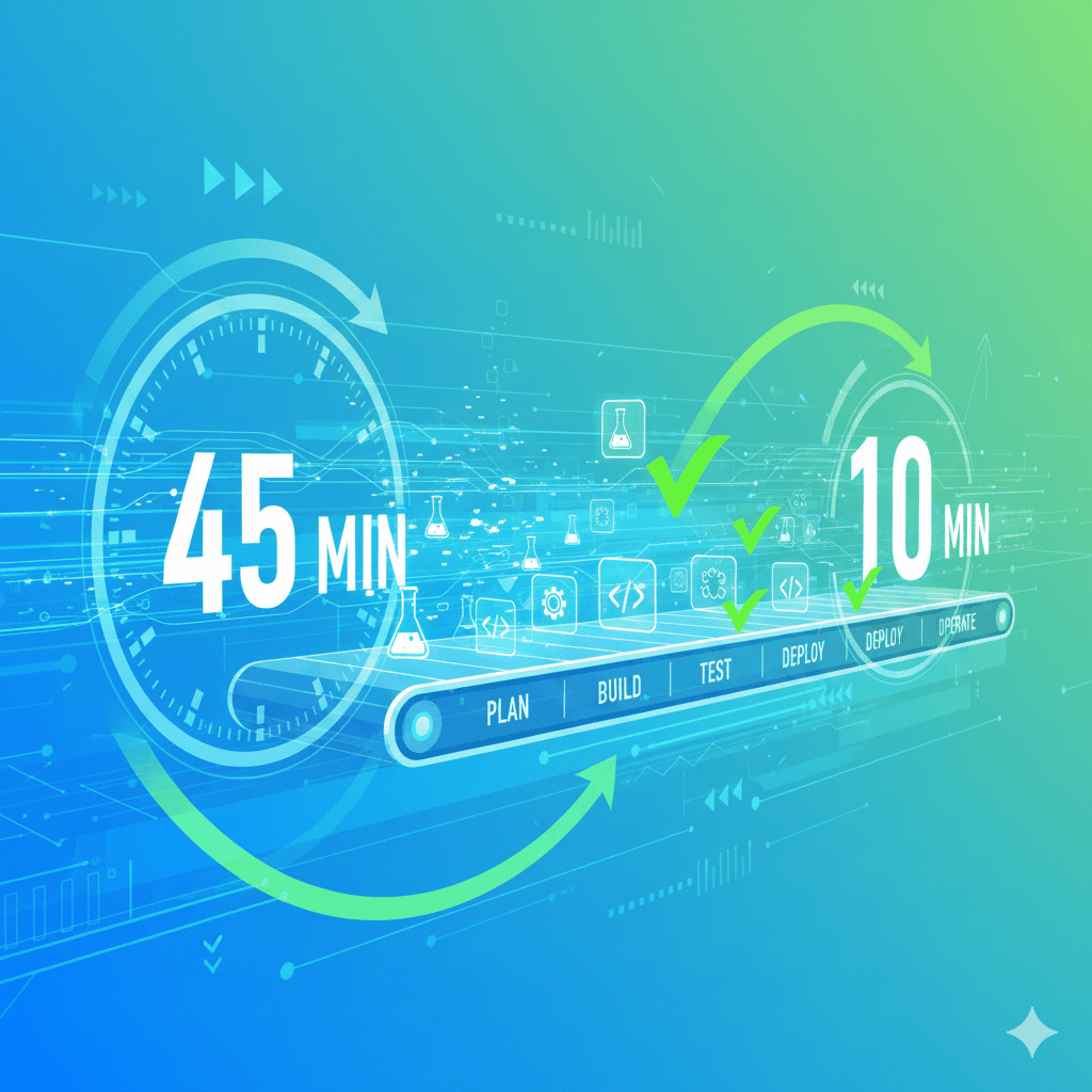 CI/CD pipeline diagram showing optimization from 45 minutes to 10 minutes