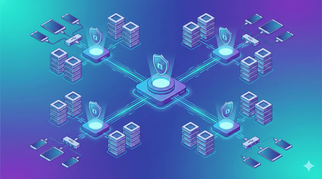 Architecture diagram showing private device cloud with multiple nodes and central management