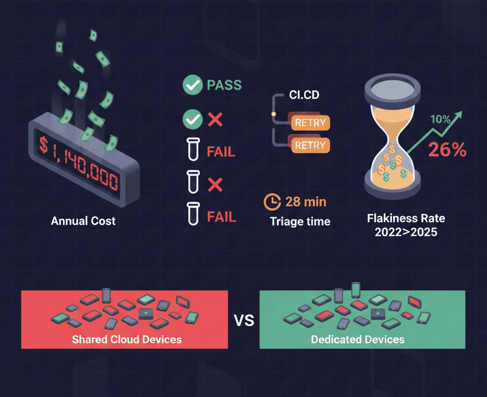 Flaky mobile tests cost visualization showing $1.14 million annual impact and 26% test flakiness rate
