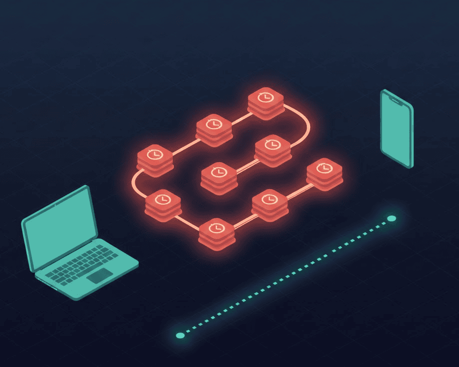Sauce Connect tunnel latency diagram showing network hops between laptop and mobile device, TCP meltdown causing delay at each node