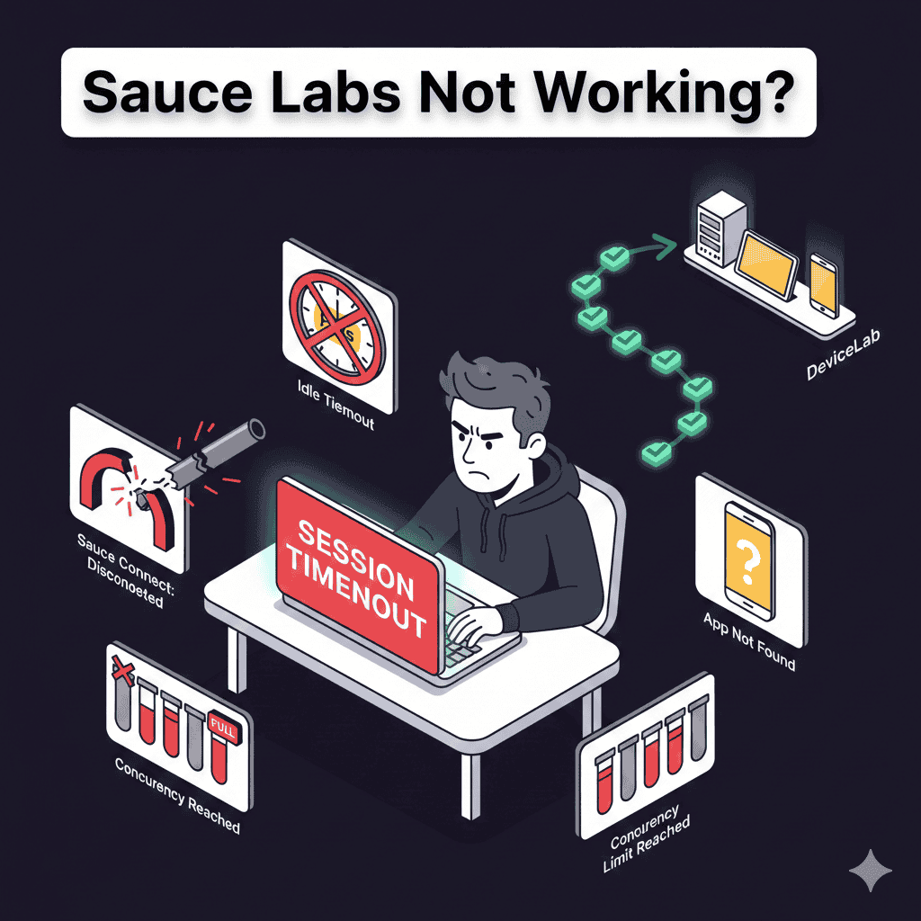 Sauce Labs troubleshooting guide showing common issues like session timeout, Sauce Connect disconnected, app not found, and concurrency limits