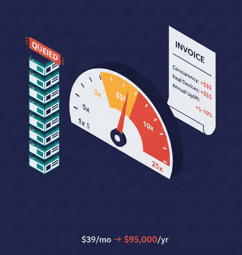 Sauce Labs pricing breakdown showing concurrency-based costs that multiply as teams scale parallel testing