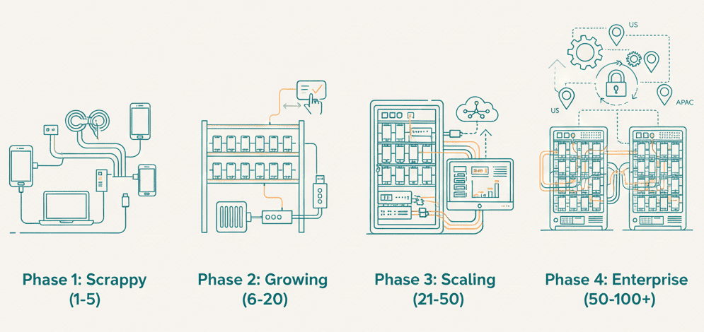 Device lab scaling phases from 1 device to 100+