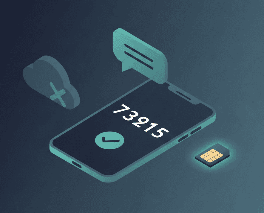 Mobile phone displaying 6-digit OTP code with SMS notification arriving, SIM card icon, showing real device OTP testing vs cloud limitations