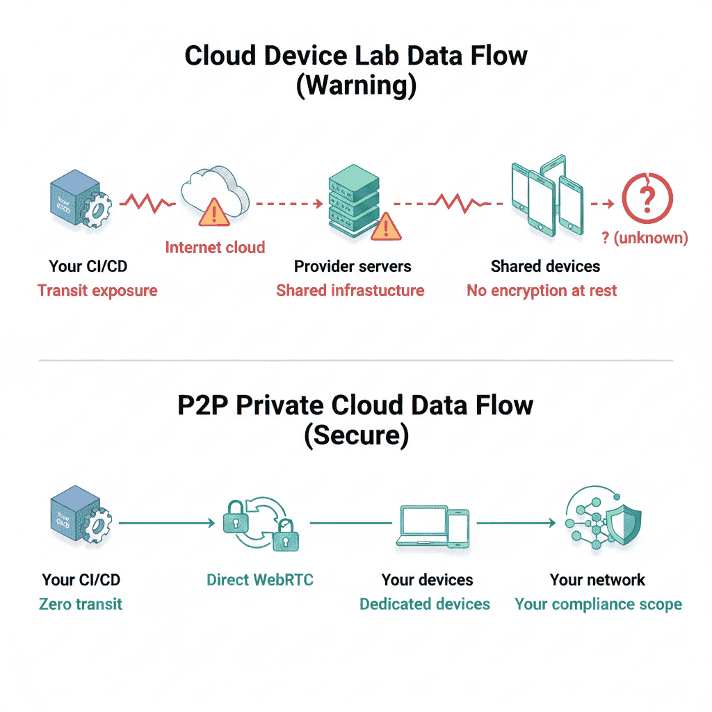 PCI DSS compliance comparison showing shared cloud device labs versus private device clouds for fintech mobile testing