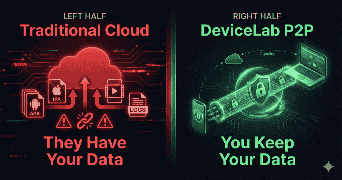 Diagram showing P2P encrypted tunnel between CI/CD and device node, with DeviceLab cloud only handling signaling