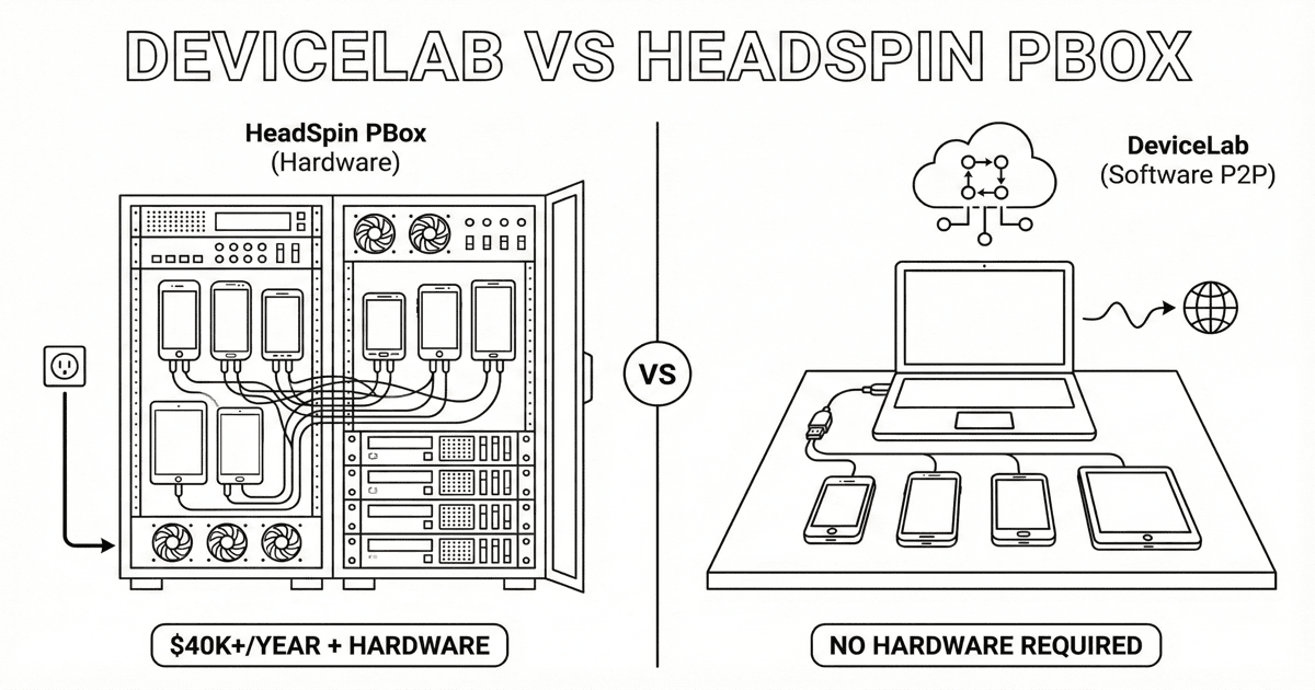 HeadSpin PBox hardware-based approach vs DeviceLab software-based P2P architecture comparison